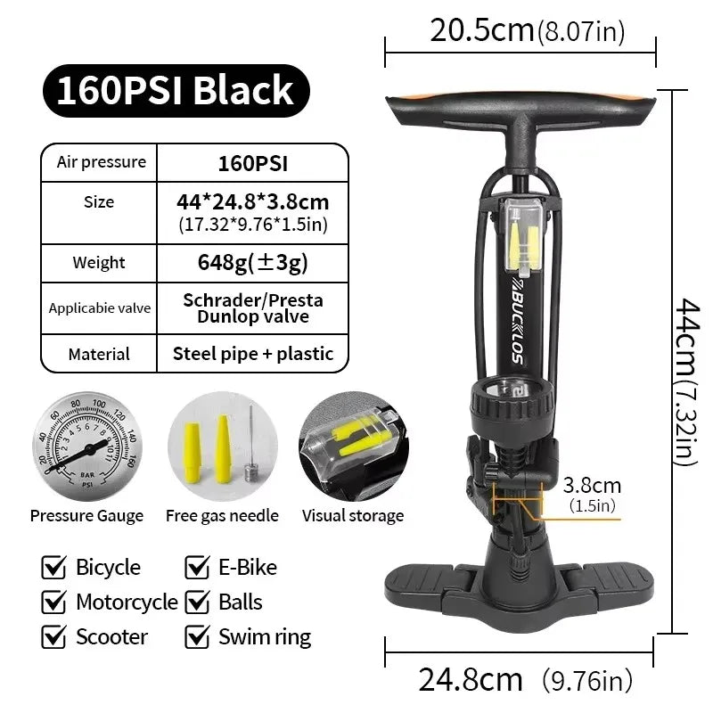 BUCKLOS 160PSI Bike Floor Pump Schrader Presta Valve