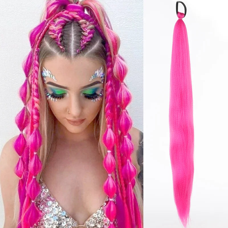 26" Synthetic Ponytail Extension Ombre Pink Purple Blue | Kanekalon
