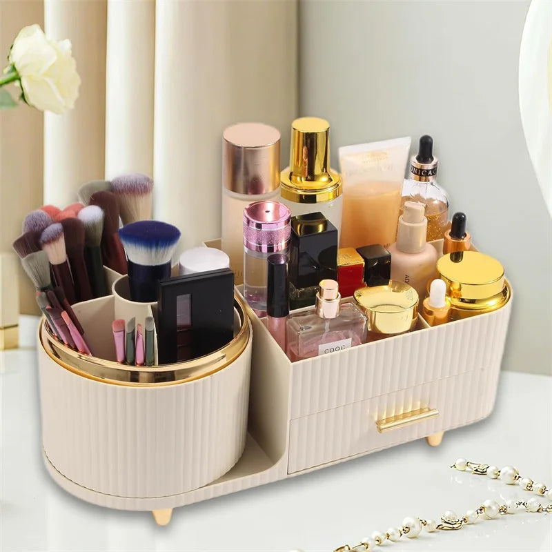 360 Rotating Makeup Brush Organizer with Drawer | Cream White