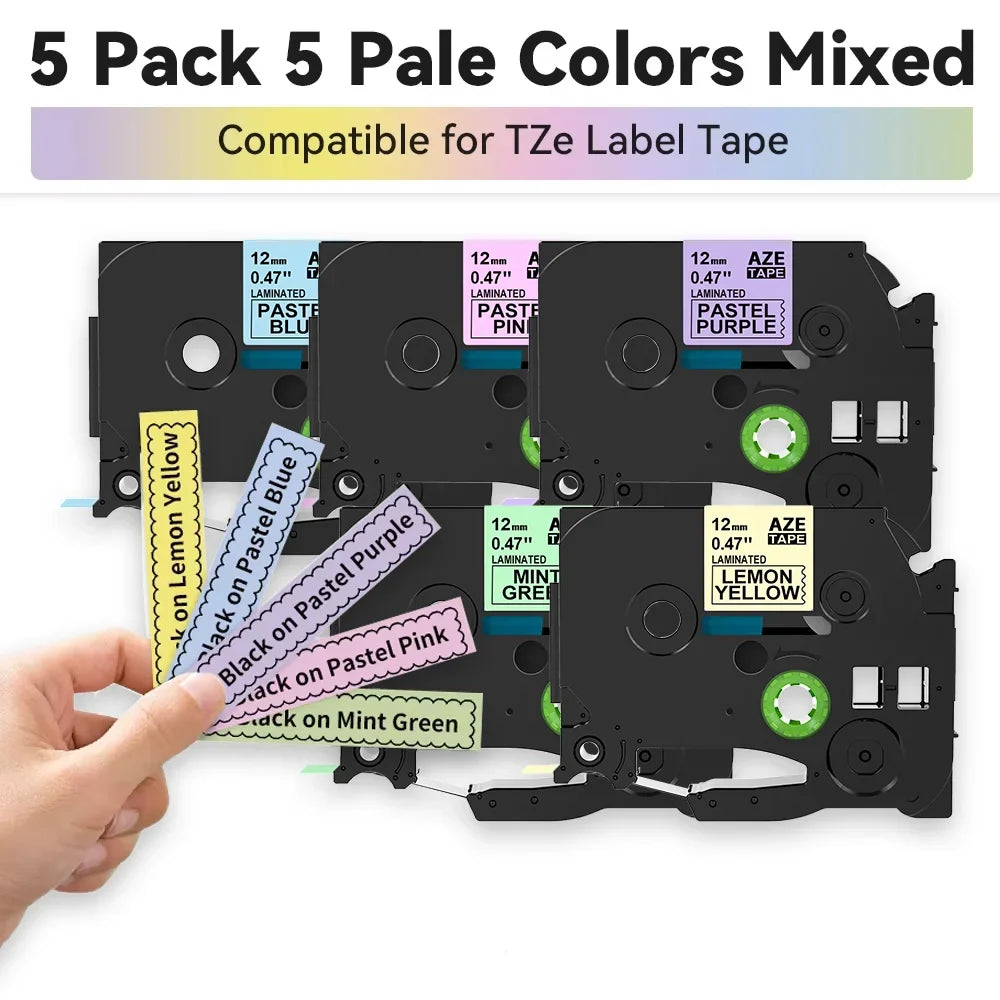Labelife 12mm Mixed Pale Matte Label Tapes for Brother P-Touch 5-Pack