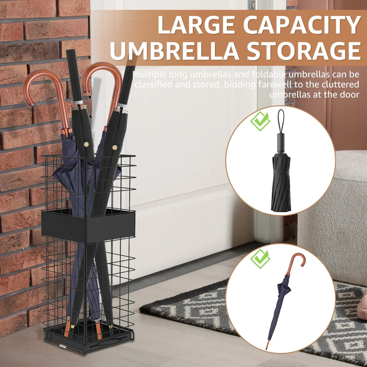 Square Metal Umbrella Stand with Detachable Drain Tray