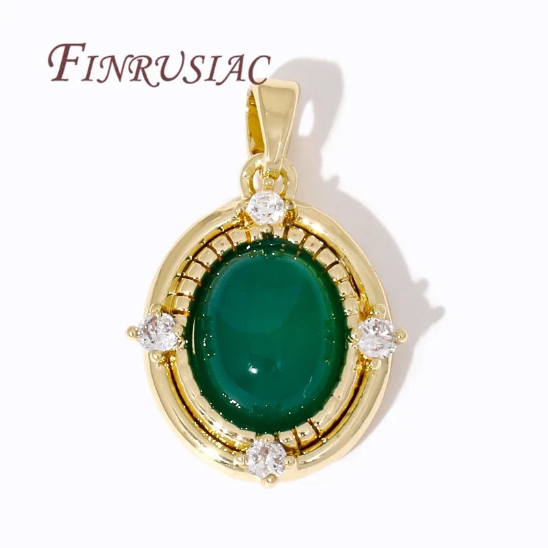 18K Gold Plated Oval Pendant Green Zircon Brass DIY Charm