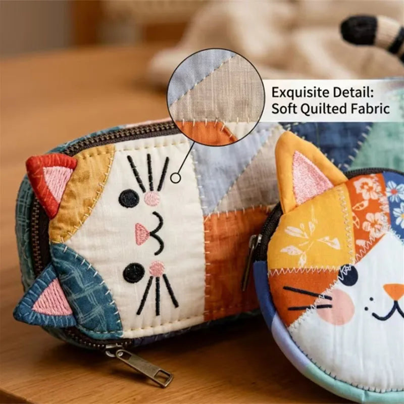 Patchwork Cat Quilted Makeup Brush Bag & Cosmetic Organizer