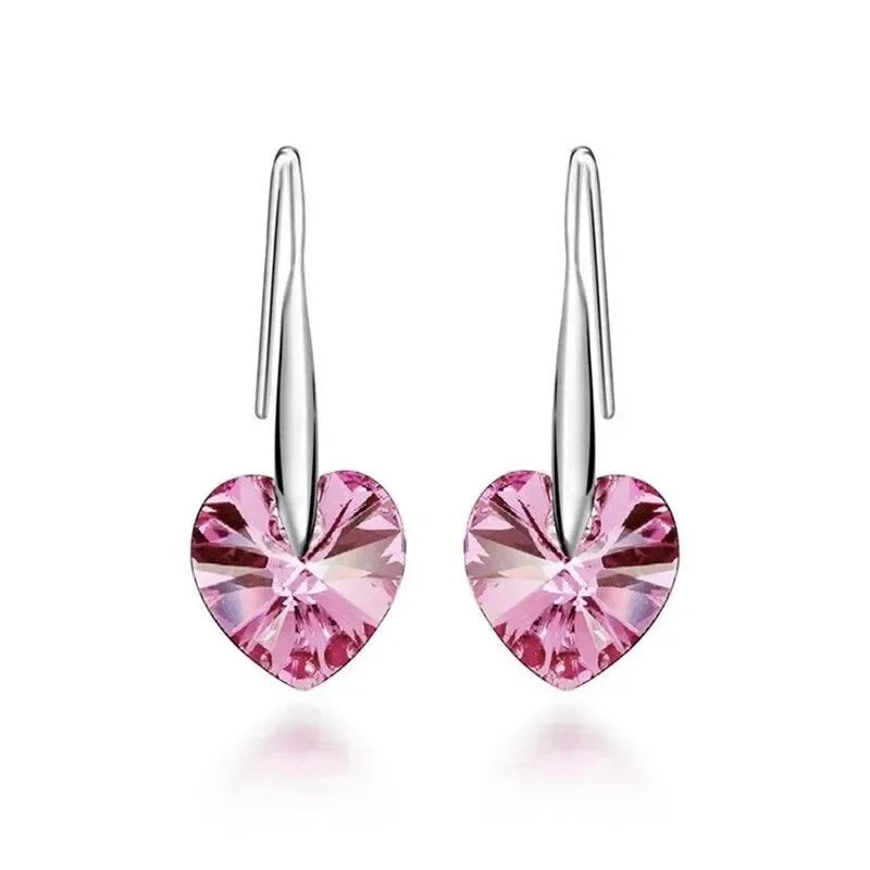 Women's Rhinestone Heart Drop Earrings – Silver & Pink