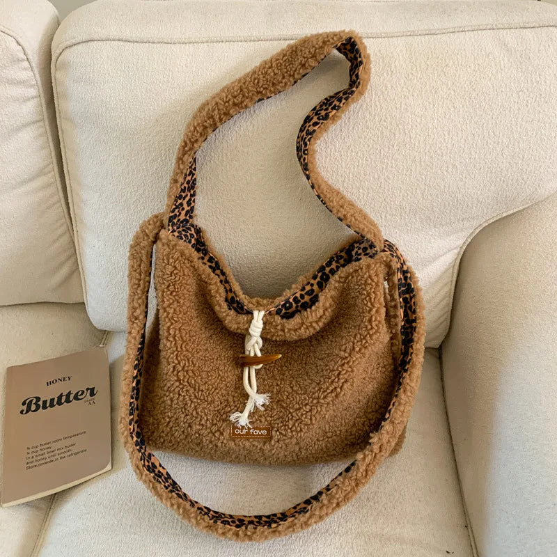 Nixie Plush Leopard Print Tote Bag – Large Crossbody Bucket Bag