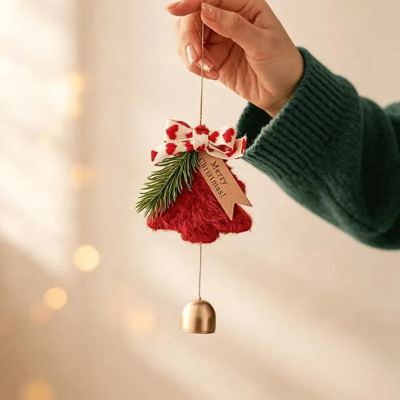 Plush Christmas Tree Ornament with Bow & Brass Bell | Xmas Decor