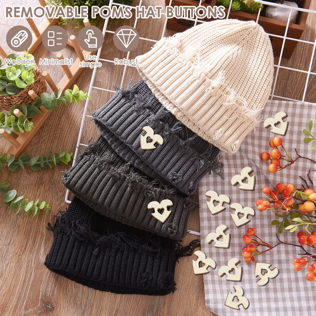 120Pcs Wood Pom Pom Buttons – Removable Hat Fasteners