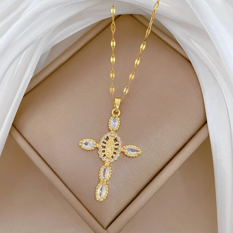 Women's Gold Cross Pendant Necklace – Stainless Steel Choker