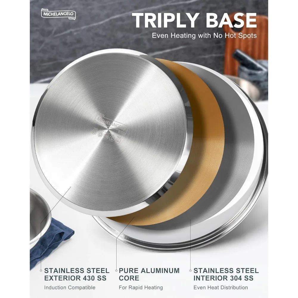 MICHELANGELO 3-Piece Stainless Steel Pan Set, Removable Handle