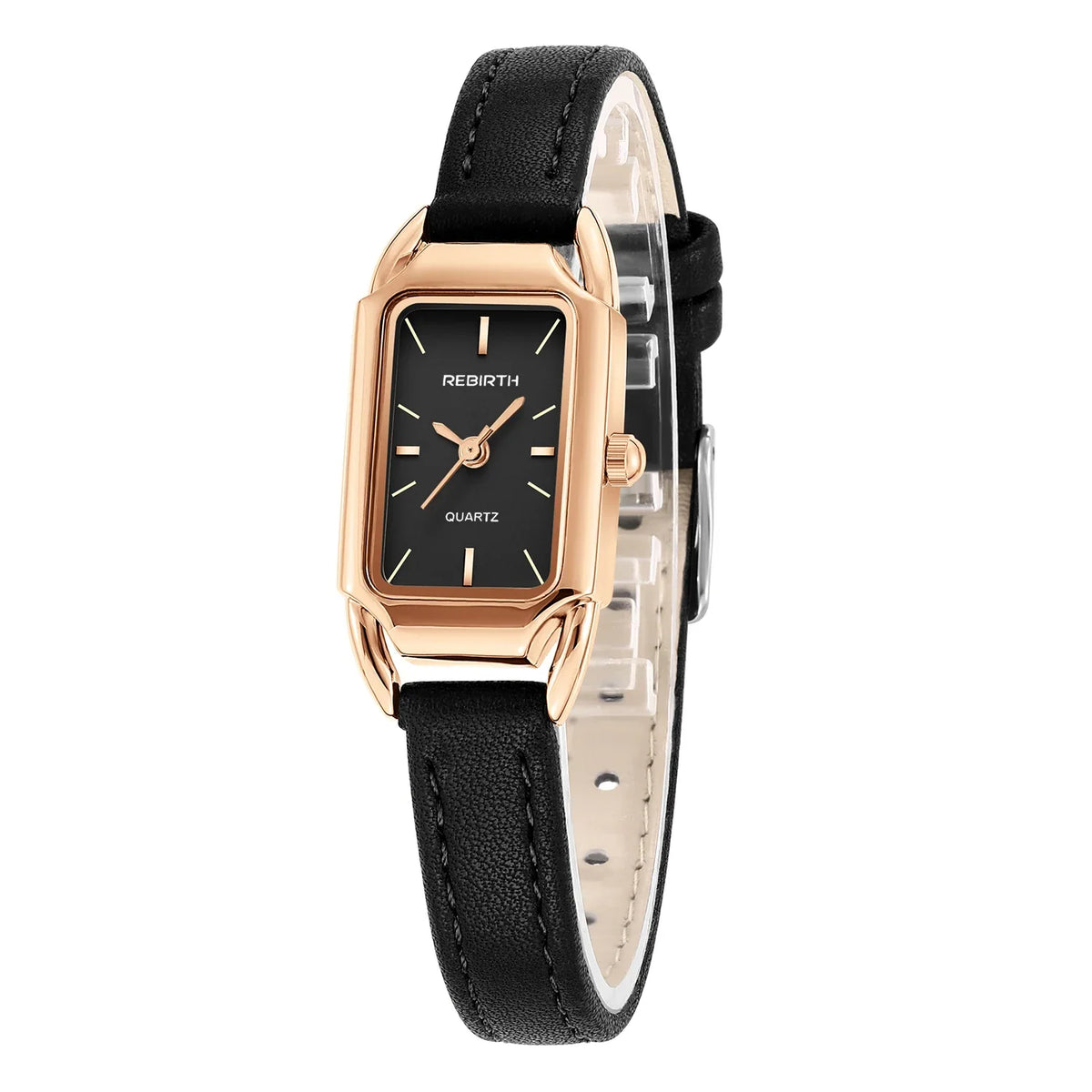 REBIRTH Women's Retro Leather Strap Quartz Watch | Rectangle Dial