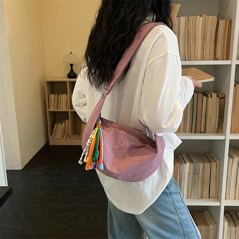 Korean Minimalist Croissant Crossbody Bag – Solid Color Nylon