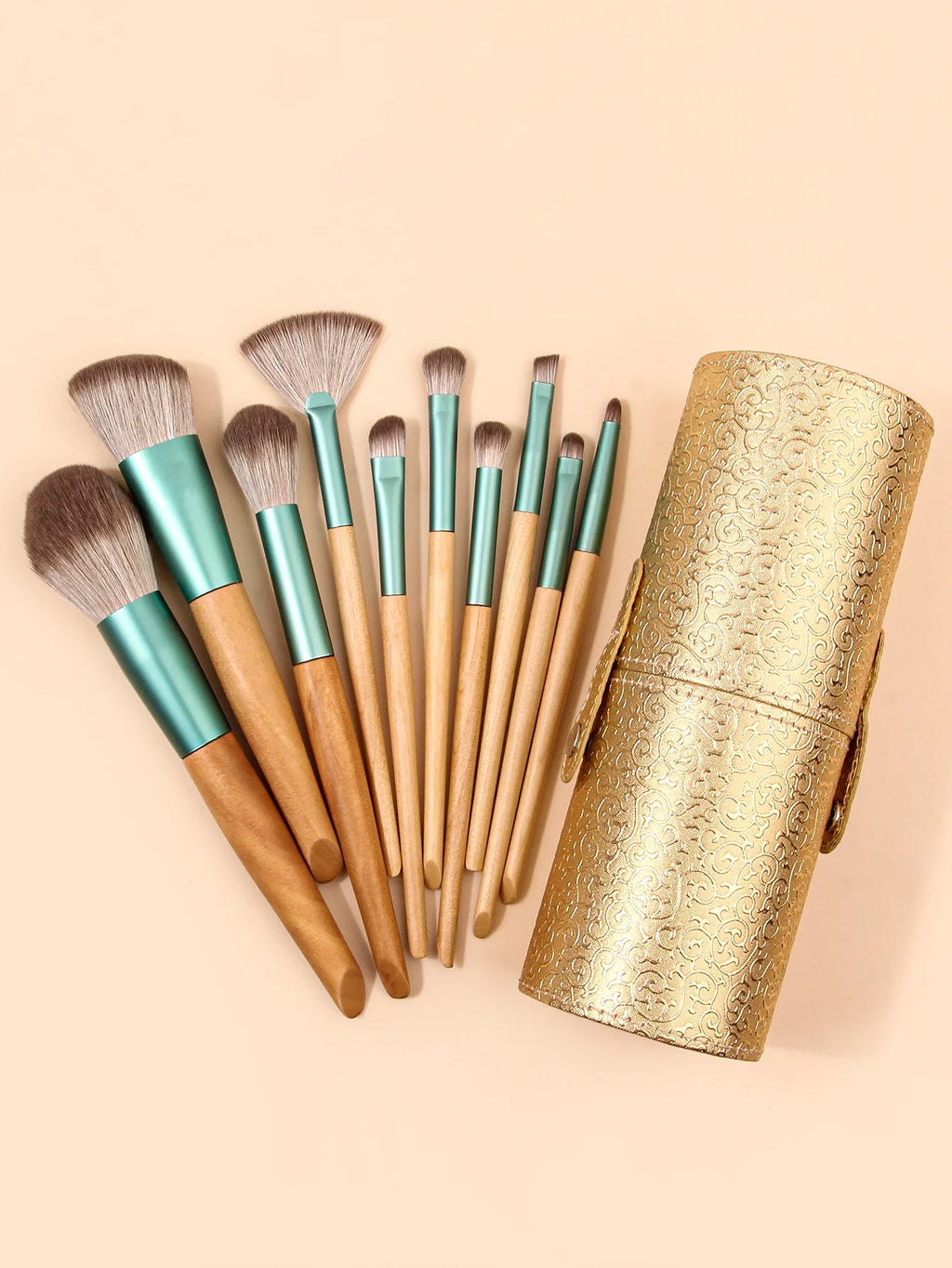 10-Piece Wooden Makeup Brush Set with Storage Bucket