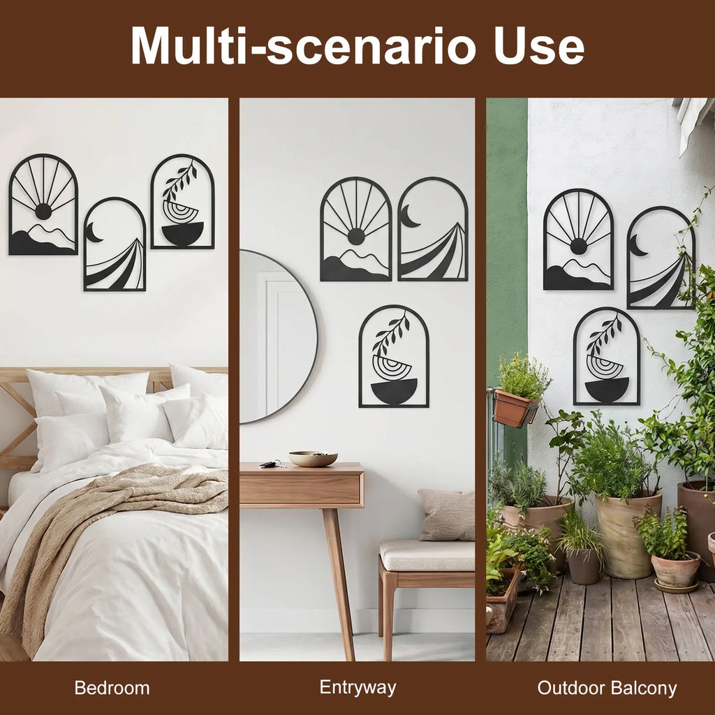 Boho Metal Wall Art 3-Piece Black Minimalist Sculpture Set