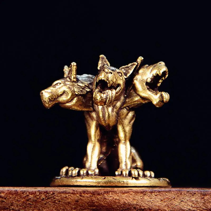 Mini Cerberus Three-Headed Wolf Brass Figurine | Desktop Statue