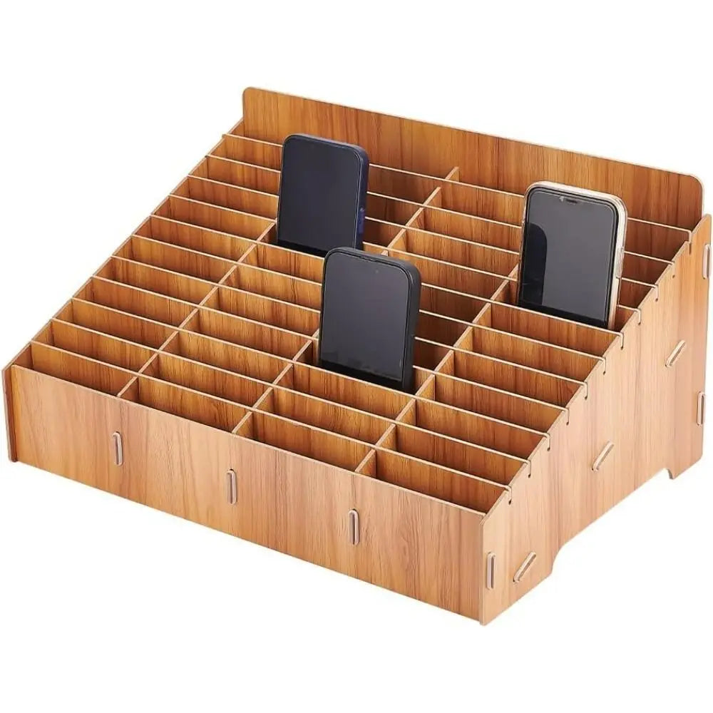 Wooden Multi-Grid Phone & Card Holder Desk Organizer Rack