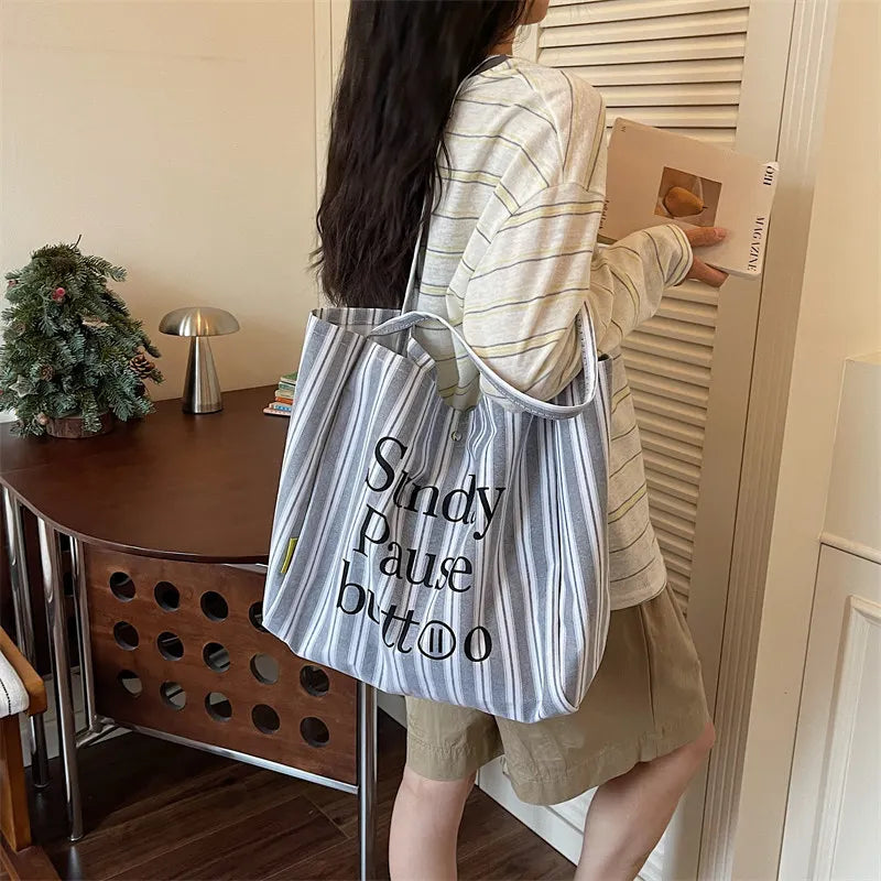 Women's Large Canvas Tote Bag – Striped Shoulder & Work Bag