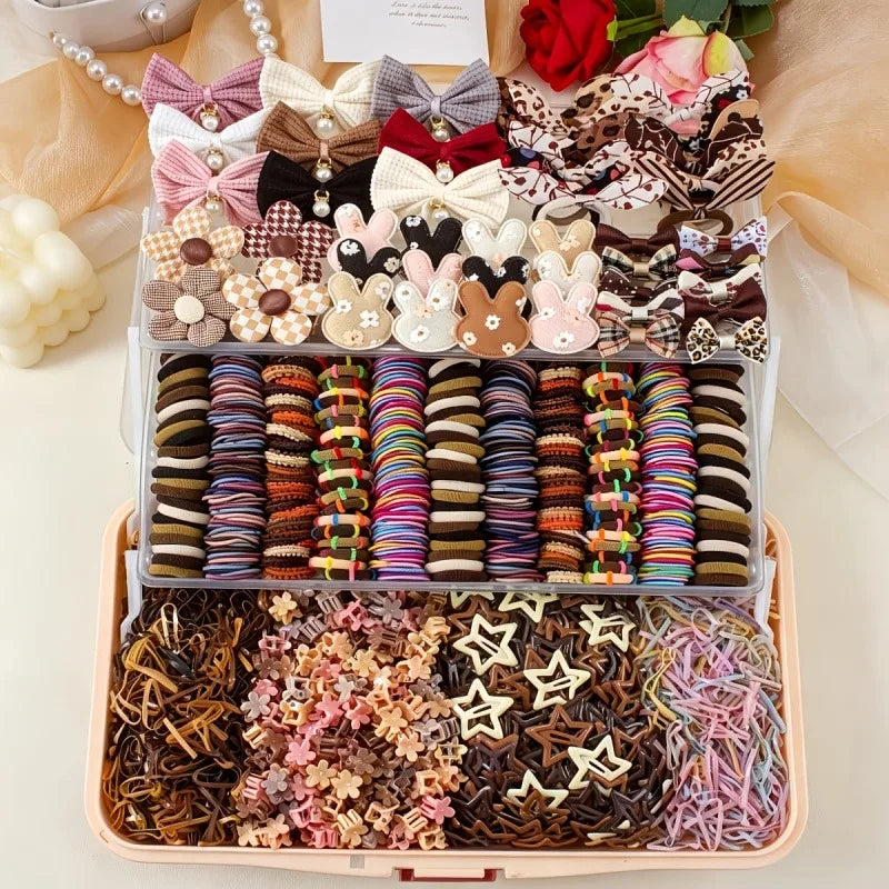 170-Pc Girls Elastic Hair Bands Set – Leopard & Caramel Colors