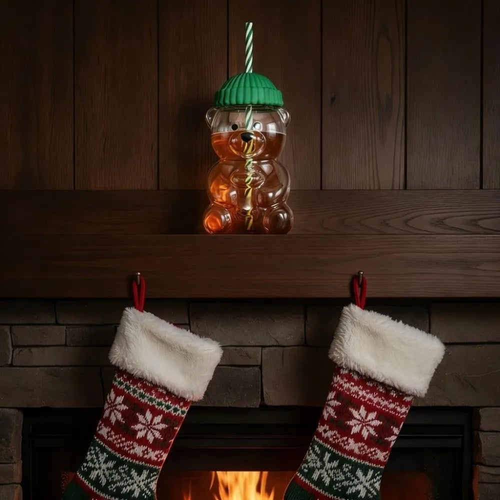Teddy Bear Glass Cup with Lid & Straw – Large Capacity
