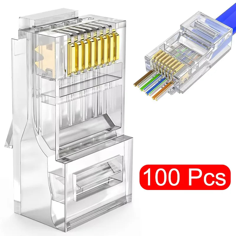 100pcs RJ45 CAT6/CAT5e Pass-Through Gold-Plated 8P8C Crimp Plugs