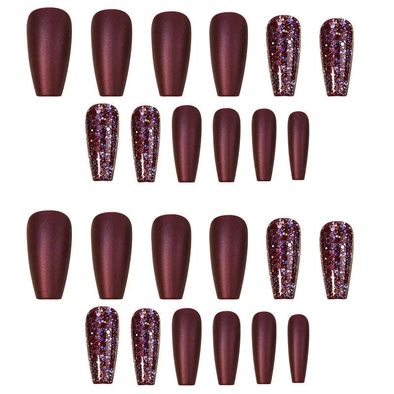 Wine Red Glitter Press-On Nails Crystal Finish L Size – 24 Pcs
