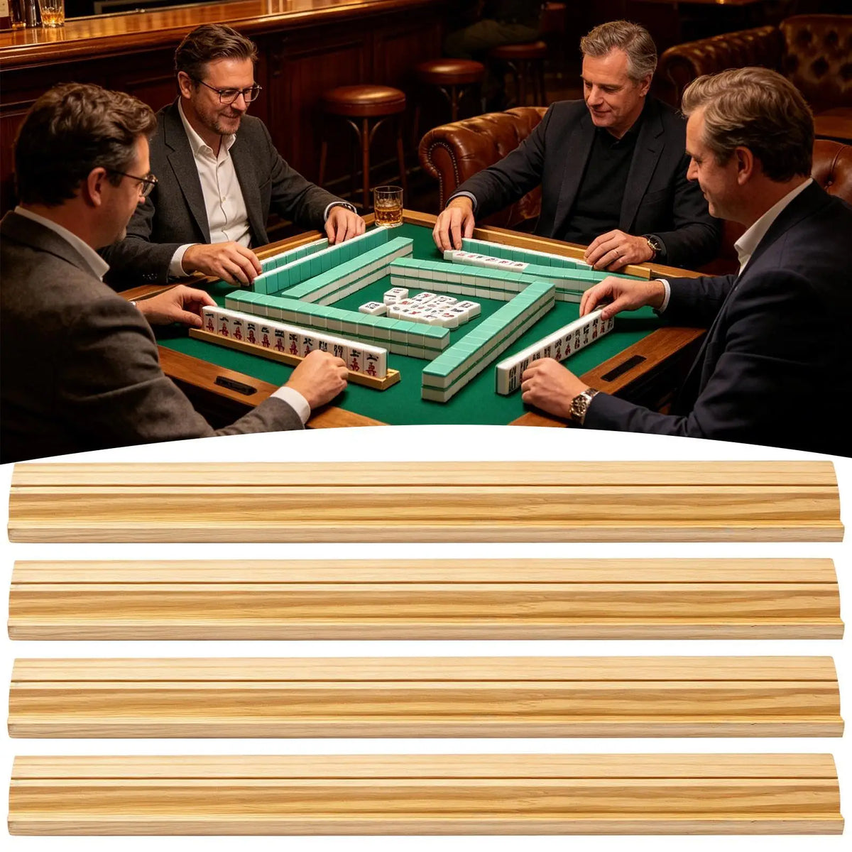 Wooden Mahjong Tile Racks with Pushers – 4-Piece Set