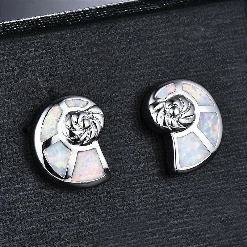 White Snail Simulated Opal Glass Vintage Stud Earrings