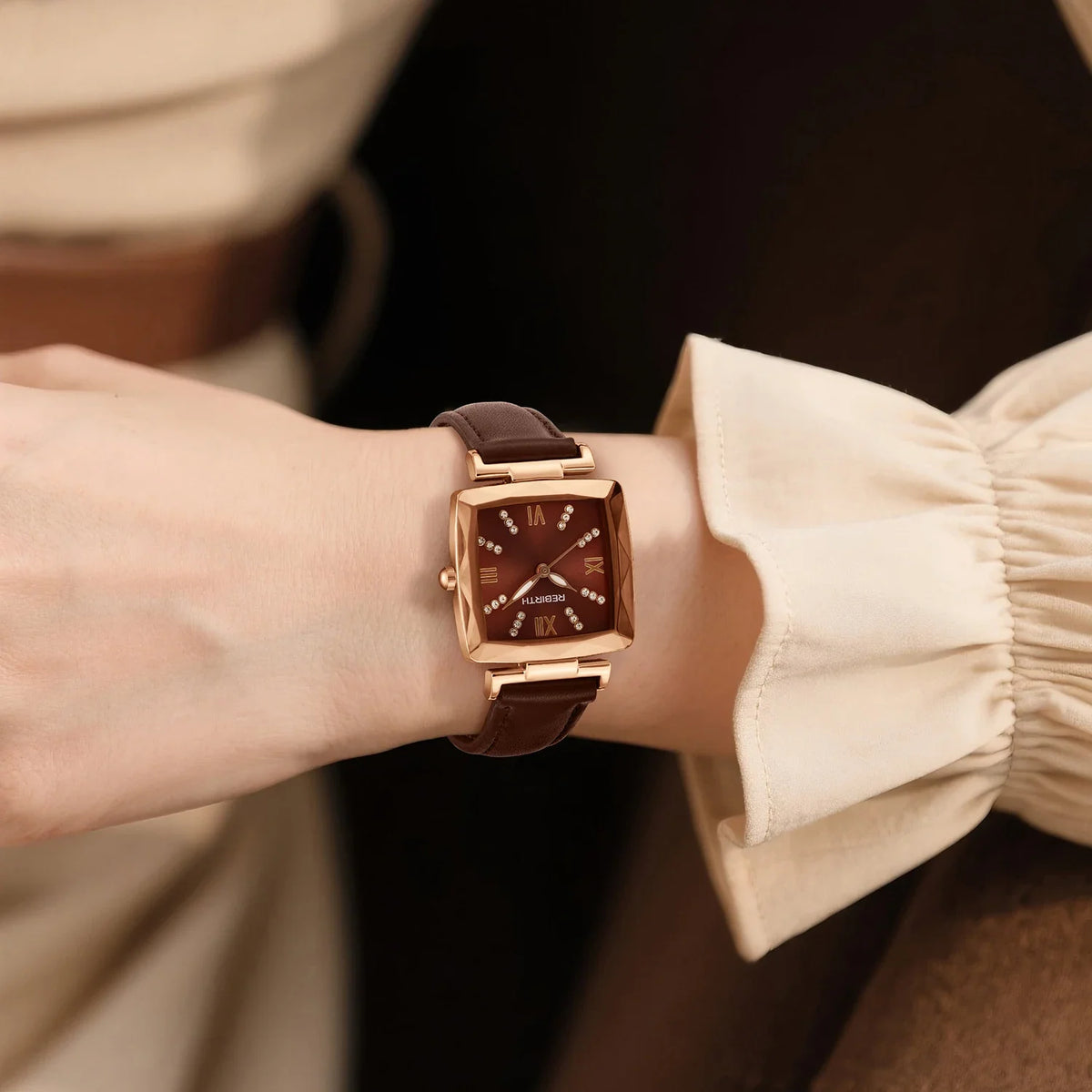 REBIRTH Square Women's Rhinestone Quartz Watch | Leather Band