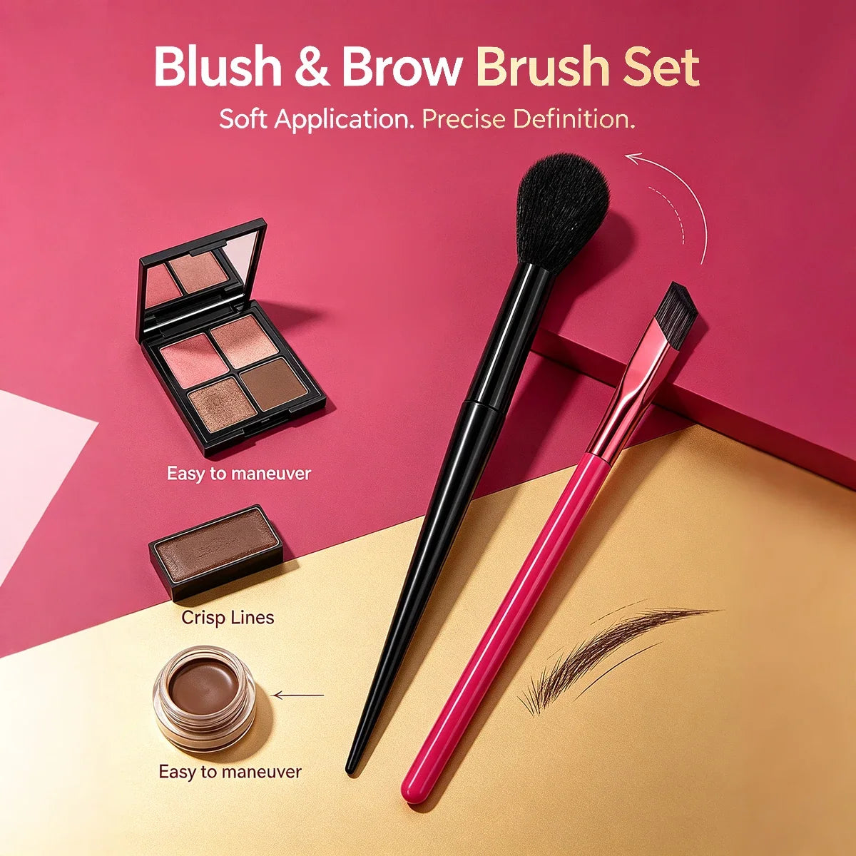 2Pcs Makeup Brush Set – Fluffy Blush & Angled Brow Brush