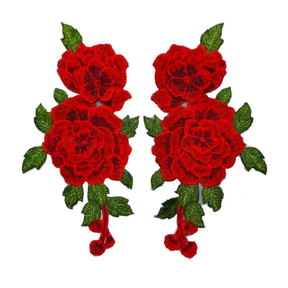 3D Flower Embroidery Sew-On Applique Patch Red 24x12cm