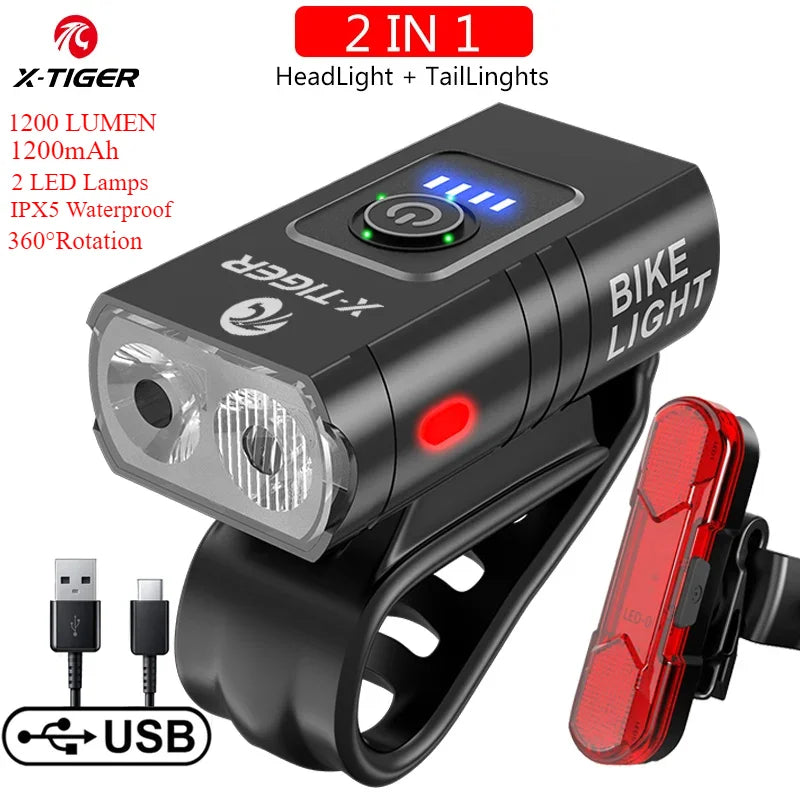 X-TIGER Bike Light Set USB Rechargeable – 1200 Lumen, 6 Modes