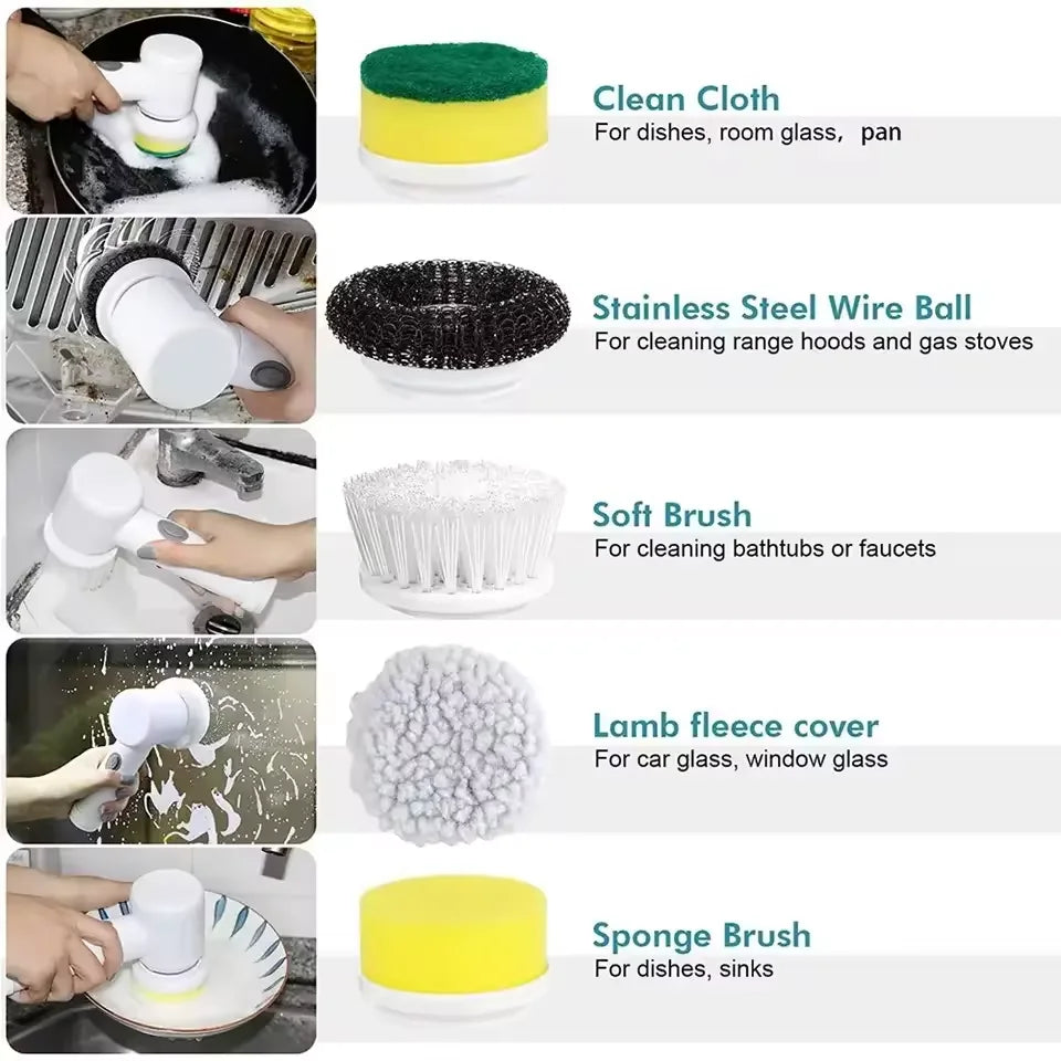 5-in-1 Wireless Electric Spin Scrubber USB Rechargeable Brush