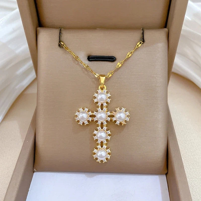 Women's Gold Cross Pendant Necklace – Zircon & Stainless Steel