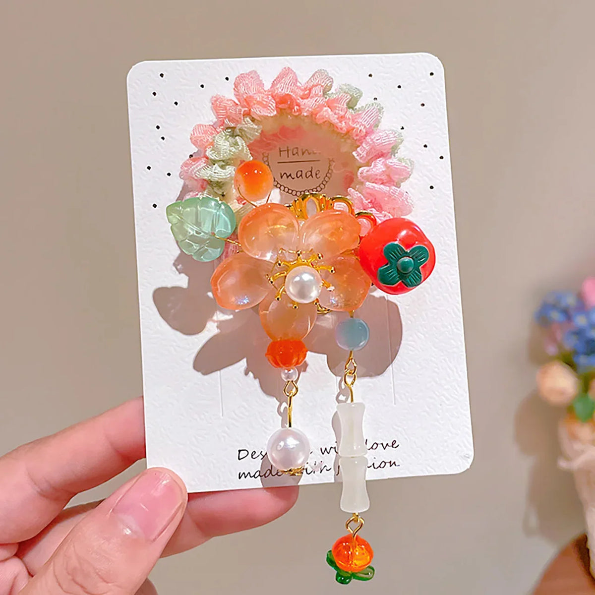 Girls Hanfu Floral Hair Tie with Pearls & Beads | Elastic Bun Rope