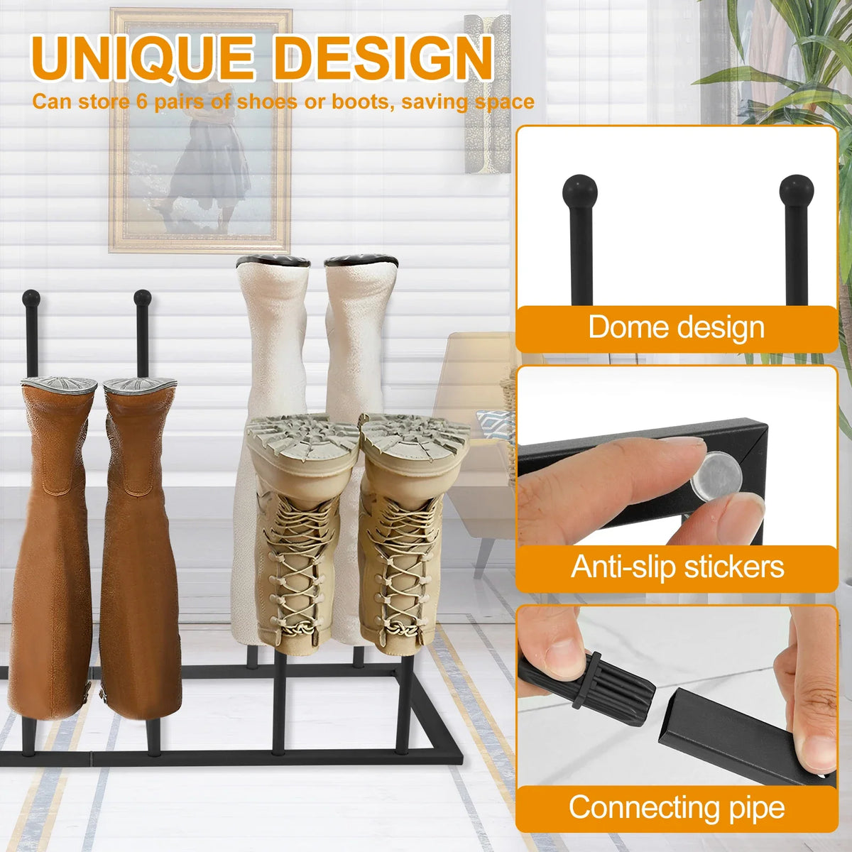 Free Standing Metal Boot Rack – Holds 6 Pairs, Black & White