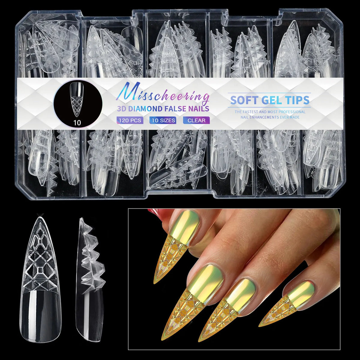 3D Diamond Almond Ballet Press On Nails – Long False Nails Set
