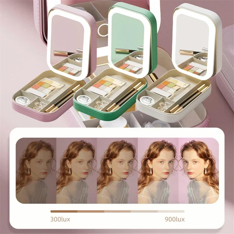 Portable LED Mirror Makeup Brush & Cosmetics Storage Box