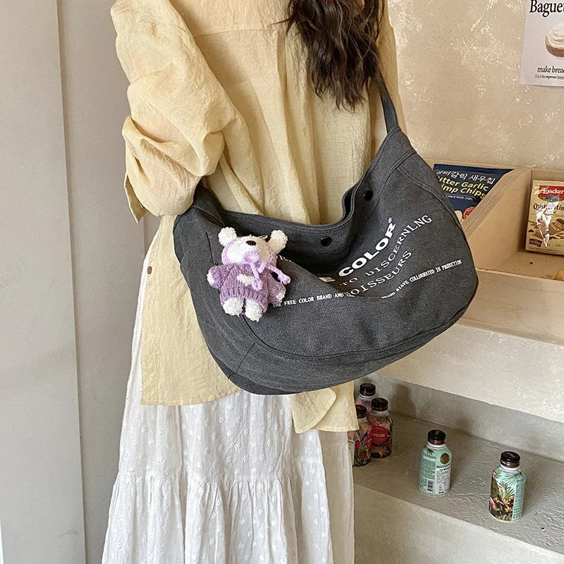 Women's Letter Print Canvas Tote Bag | Large Crossbody