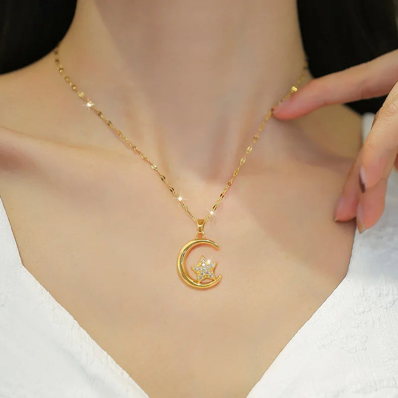 Star Moon Pendant Necklace | Gold Stainless Steel Choker