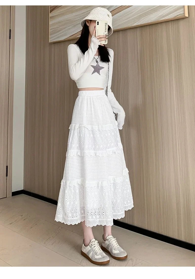 Women's Vintage High Waist A-Line Long Skirt – White & Black