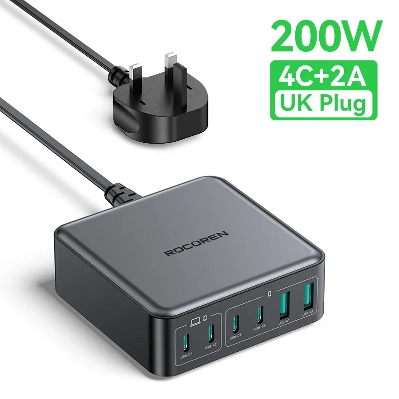 Rocoren 200W GaN Charging Station 6-Port USB-C Desk Charger