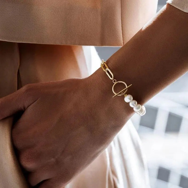 2pcs Vintage Pearl Metal Bead Strand Bracelets – Unisex Set