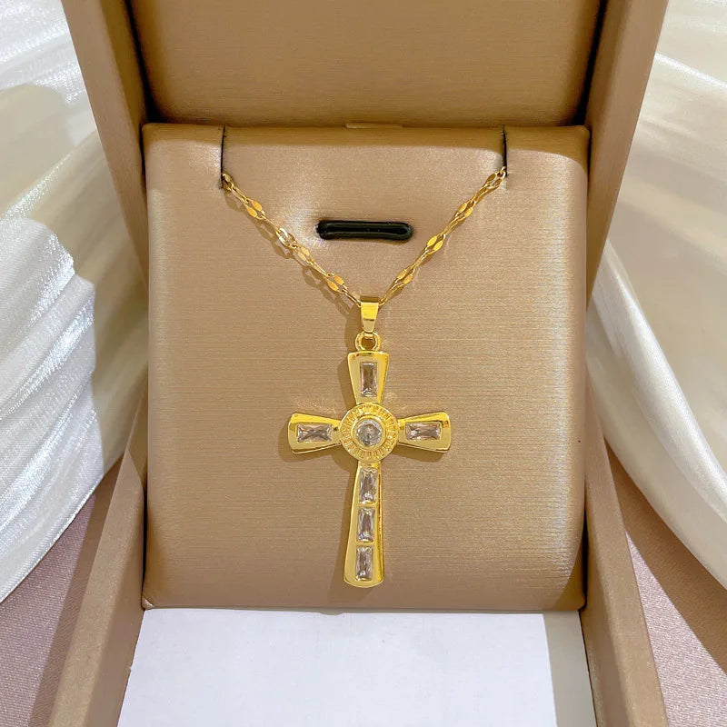 Women's Gold Cross Pendant Necklace – Stainless Steel Choker