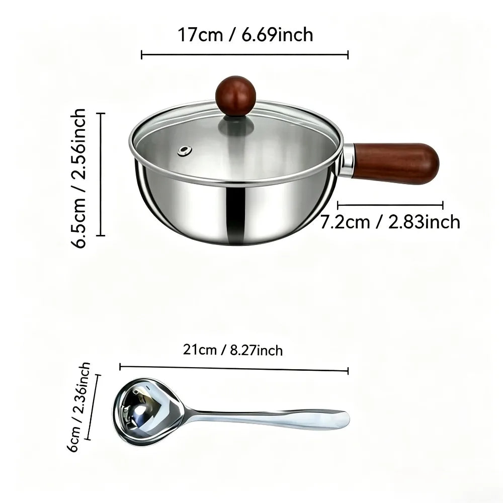 Stainless Steel Mini Saucepan Set – Wooden Handle, Lid & Spoon