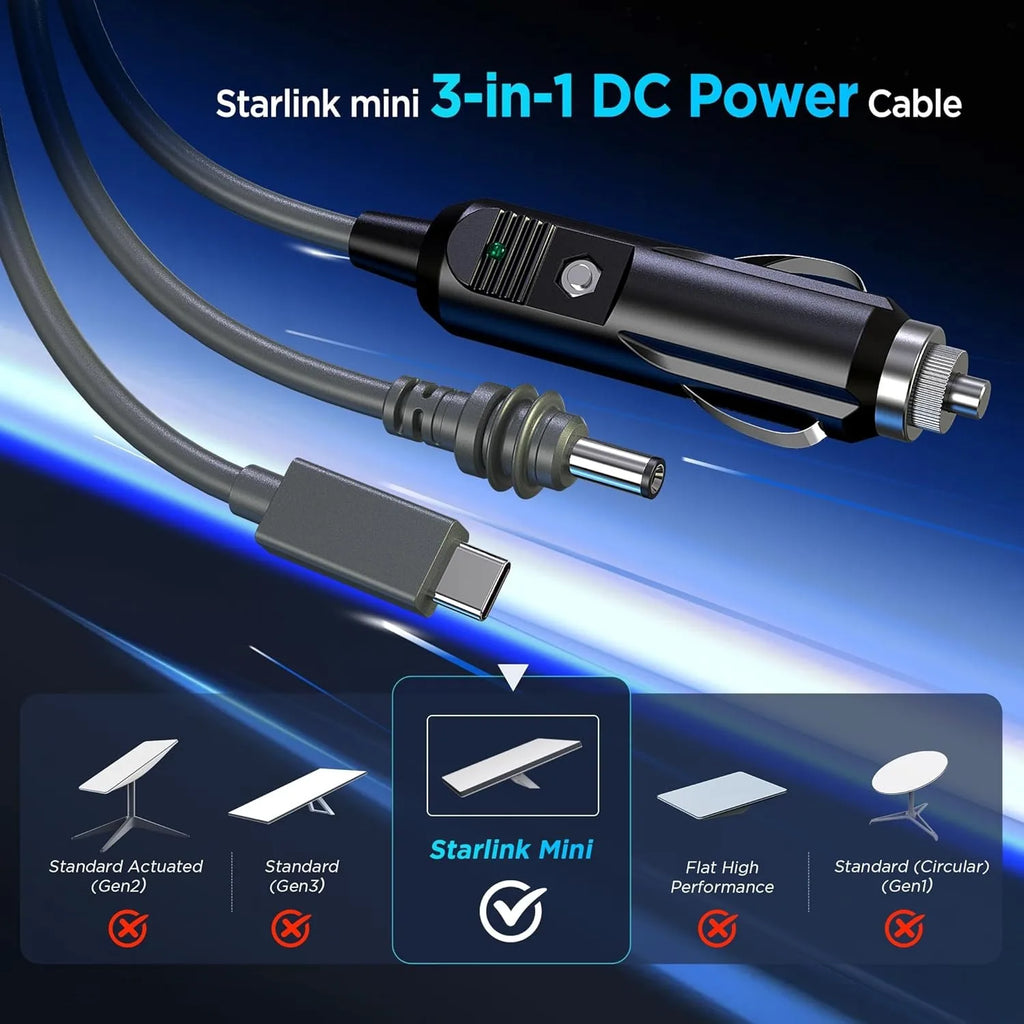 3-in-1 Starlink Mini Power Cable – USB-C, Car & DC to DC