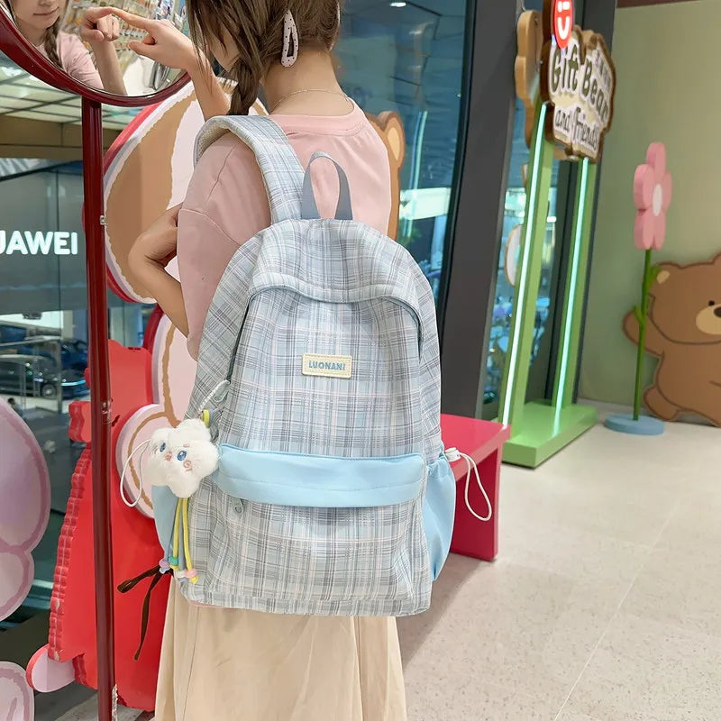 Korean Plaid Backpack for Girls – Large Capacity School Bag