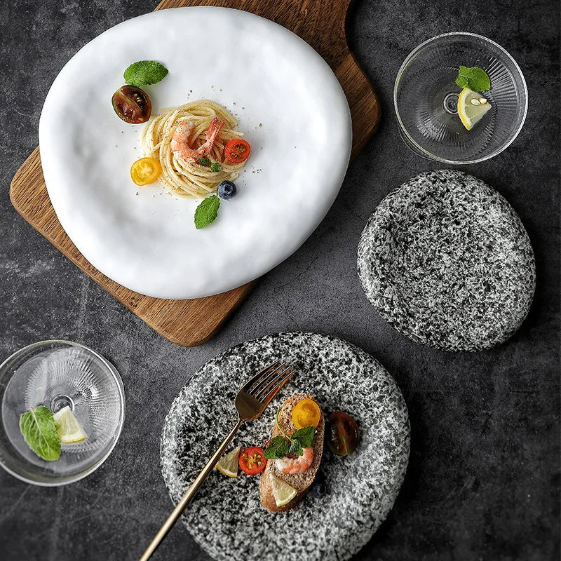 Japanese Stone Pattern Ceramic Plates – Sushi, Steak & Dinner