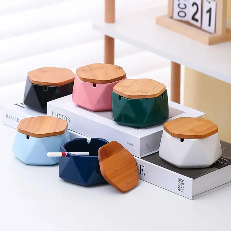 Modern Ceramic Ashtray with Bamboo Lid | Desktop Décor
