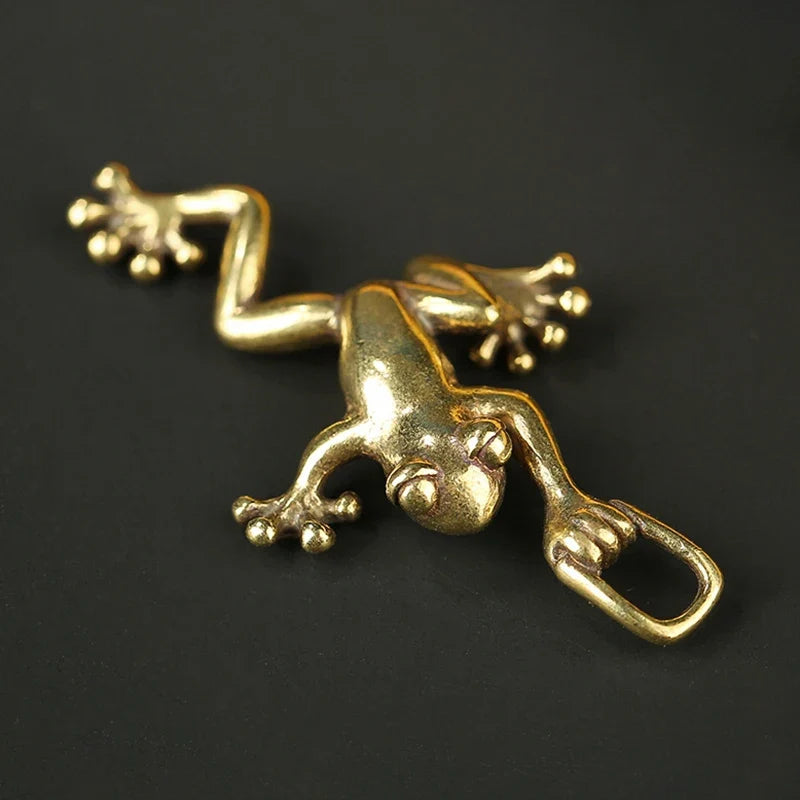 Solid Brass Leaping Frog Miniature Statue Keychain & Décor