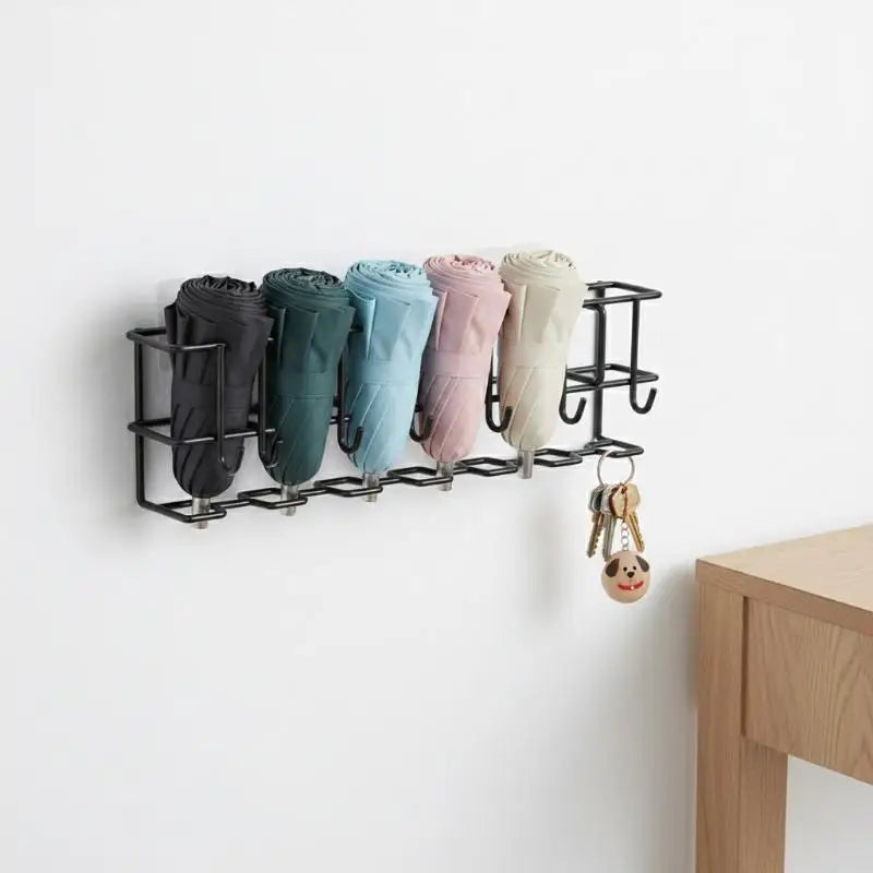 Wall-Mounted Umbrella Holder Indoor Storage Rack with Hooks