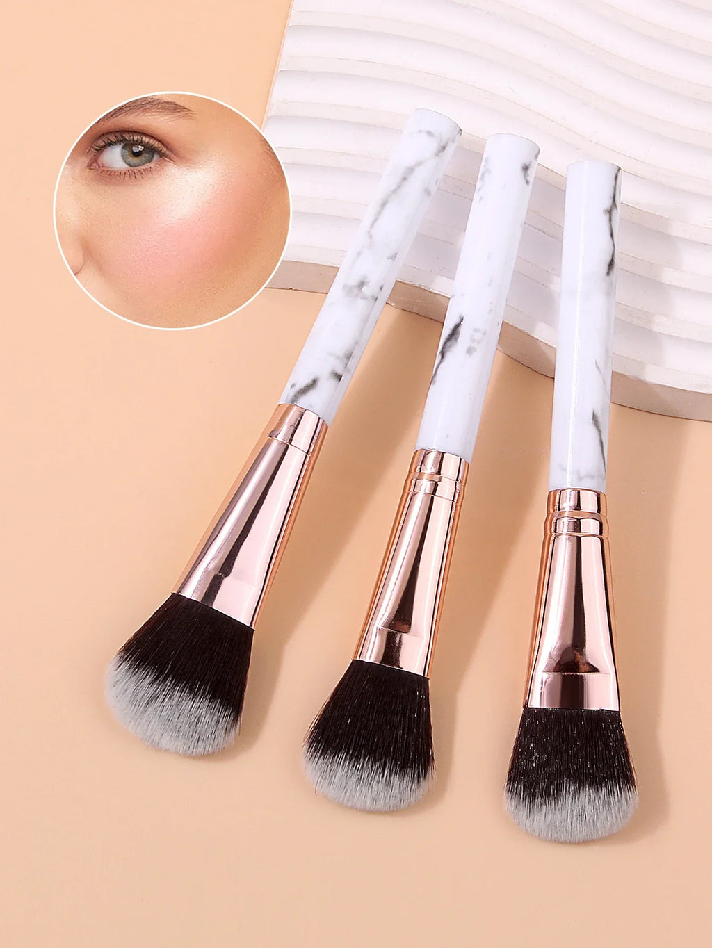 3-Piece Marble Handle Makeup Brushes – Powder, Blush & Foundation